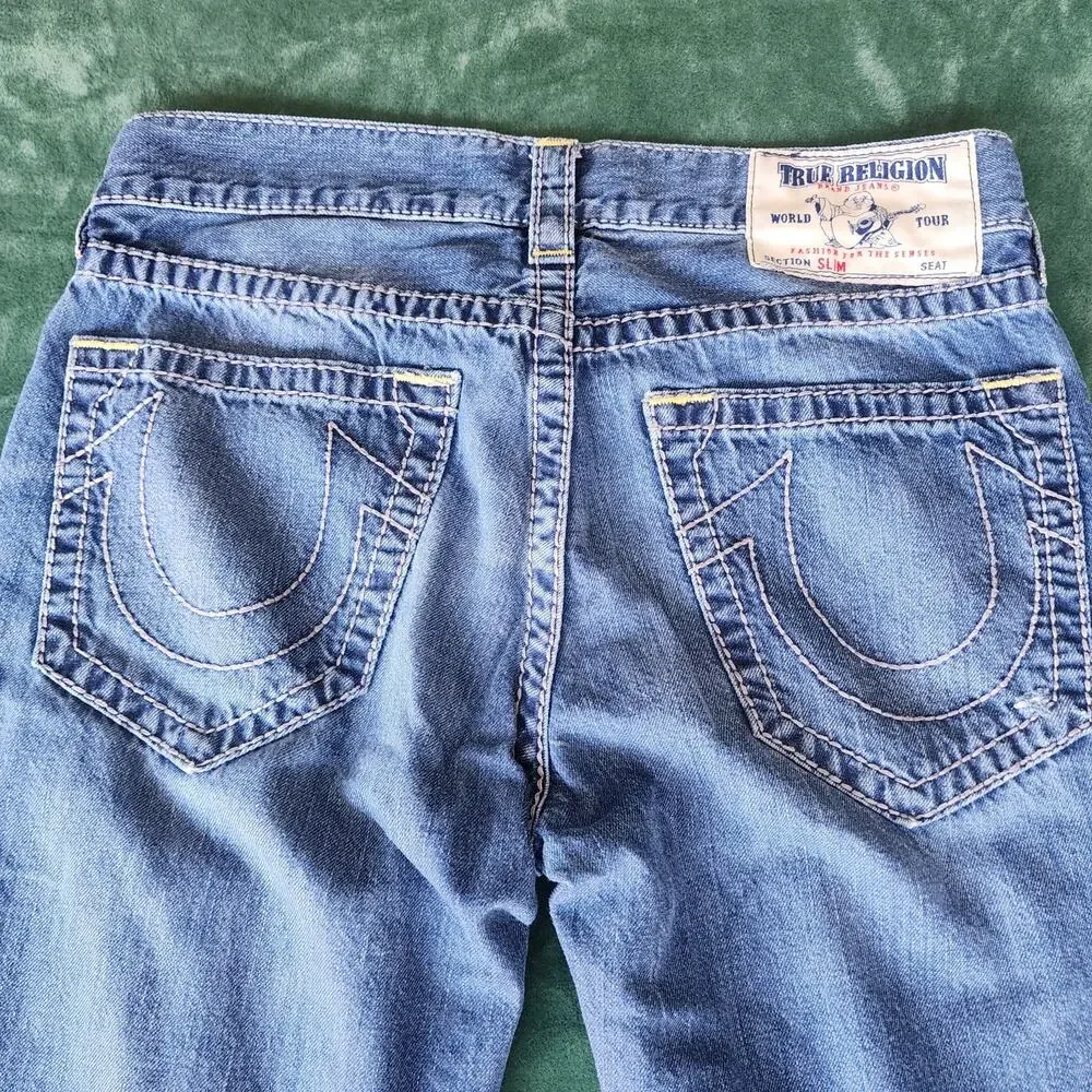 True Religion Slim Straight Jeans Men's 31x32 Medium Wash Horseshoe Y2K Denim
